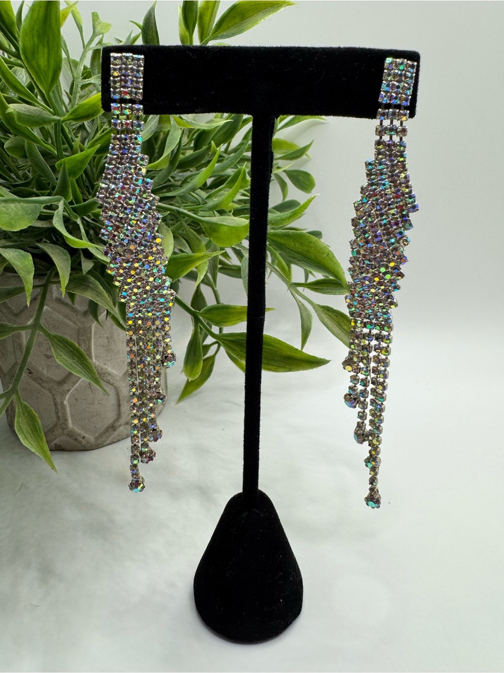 Vintage bling pierced earrings, EUC. Tiny stones with AB sparkle. 4” drop.